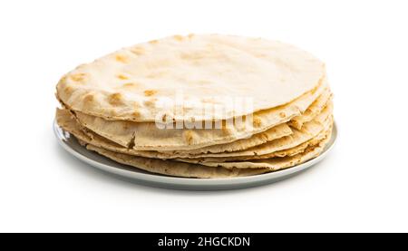 Arabic bread. Flat pita bread isolated on white background. Stock Photo