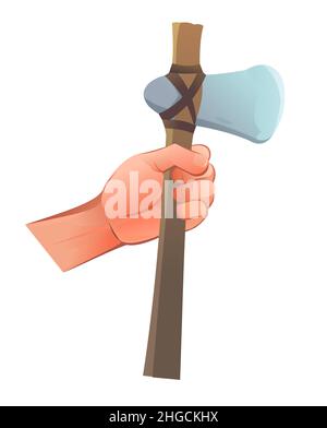 Ancient mans stone ax with wooden handle. Cartoon style. Object isolated on white background. Vector. Stock Vector
