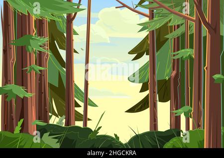 Beautiful forest landscape. Tree trunks and pine branches. Beautiful summer landscape with trees. Green pines and ate. Illustration in cartoon style f Stock Vector