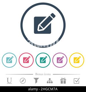 Editing box with pencil solid flat color icons in round outlines. 6 bonus icons included. Stock Vector