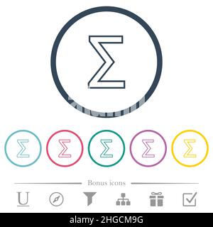 Sum symbol outline flat color icons in round outlines. 6 bonus icons included. Stock Vector