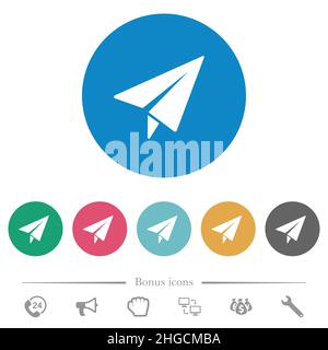 Paper plane solid flat white icons on round color backgrounds. 6 bonus icons included. Stock Vector