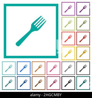Single fork solid flat color icons with quadrant frames on white background Stock Vector