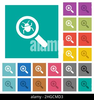 Bug tracking multi colored flat icons on plain square backgrounds. Included white and darker icon variations for hover or active effects. Stock Vector