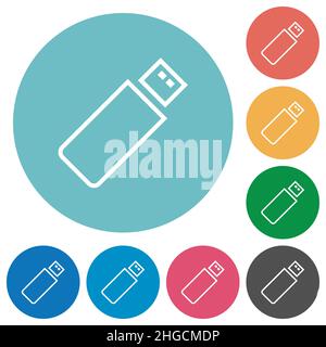 Pendrive outline flat white icons on round color backgrounds Stock Vector