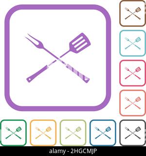Barbecue fork and spatula in crossed position simple icons in color rounded square frames on white background Stock Vector