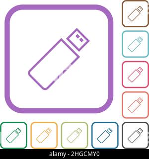 Pendrive outline simple icons in color rounded square frames on white background Stock Vector