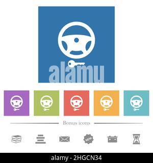Steering lock flat white icons in square backgrounds. 6 bonus icons included. Stock Vector
