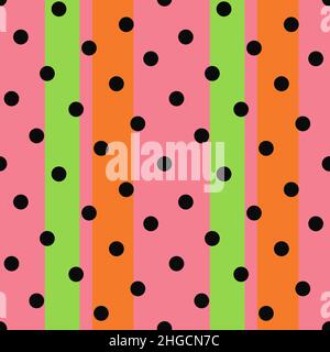 Pink background with colourful stripes and black dots. Abstract retro seamless pattern. Bright neon colours. Stock Vector