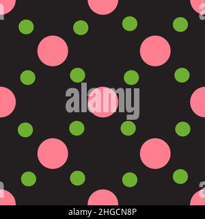 Dark brown background with pink and green circles. Abstract retro seamless pattern. Stock Vector