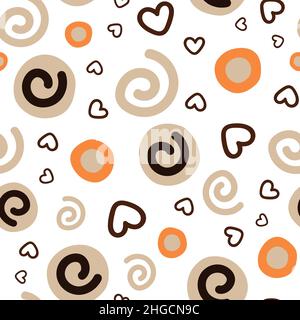 Beige circles and spiral on white background. Abstract retro background. Stock Vector