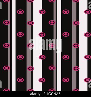 Abstract geometric seamless pattern with black and white stripes and pink circles. Stock Vector