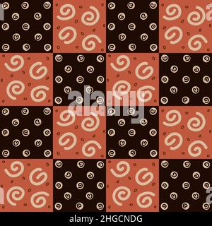 Black and brown checkered seamless pattern with circles and spiral. Abstract retro background. Stock Vector