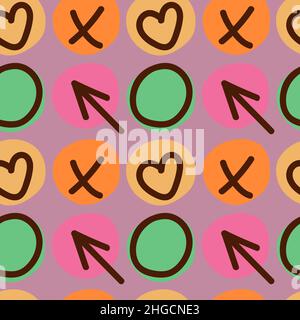 Abstract retro seamless pattern with circles and signs inside circle. Bright neon colours. Stock Vector