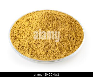 Curry powder in glass bowl isolated on white background with clipping path Stock Photo