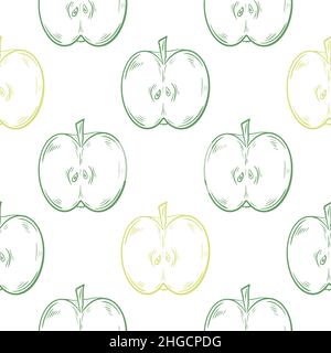 Pattern with green apples silhouette, hand drawn. Vector illustration ...