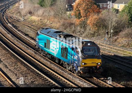 Direct Rail Services Class 68 loco 68034 forms the 1006 York to Cleethorpes driver training service through Scunthorpe on 13/01/22. Stock Photo