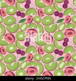Fruit seamless pattern for textile products, cherry and kiwi pieces, bone and leaves in a flat style Stock Vector