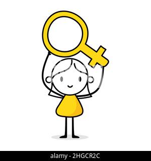 Businesswoman holding big female sign. Hand drawn doodle line art woman. Vector stock illustration. Stock Vector
