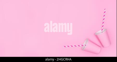 Two pink paper cups with striped drinking straws on pink background. Large copy space. Girly party, sweet beverage minimal concept Stock Photo