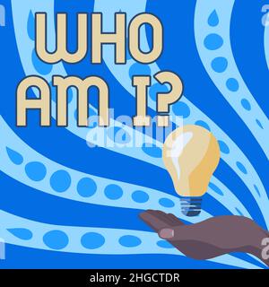 Conceptual caption Who Am I Question. Business idea asking about self identity or personal purpose in life Lady Hands Holding Lamp With Formal Outfit Stock Photo