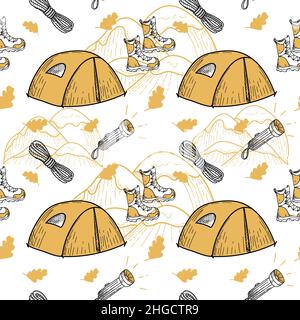 A seamless pattern of hand-drawn doodle-style elements. Illustration for local tourism. Vector image of hiking on white background. Stock Vector