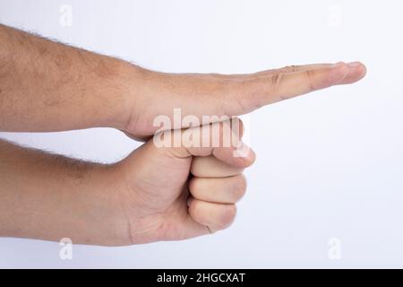 Set of mans hand measuring invisible items. Isolated on white Stock Photo