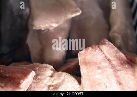 Sea and ocean frozen fish on a shop display close-up. Fish supermarket. A wide variety of fish. High quality photo Stock Photo