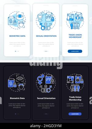 Types of personal data night and day mode onboarding mobile app screen Stock Vector
