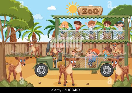 Safari scene with kids on tourist car watching deer group illustration Stock Vector