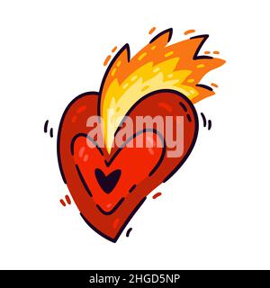 Burning heart with flame. Element for design saint valentine day, 14 February. Vector illustration doodle style isolated on white background. Stock Vector