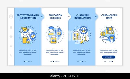Examples of sensitive data blue and white onboarding template Stock Vector