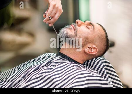 Barber using scissors to trim a middle-aged male clients beard in a professional barbershop or salon in a close up side view on his hand and the custo Stock Photo