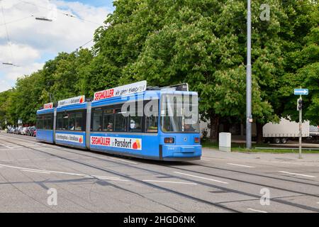 Munich, Germany - May 30 2019: Class R tram of the line 27 of the Munich Tram. Stock Photo