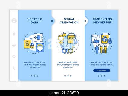 Examples of personal data blue and white onboarding template Stock Vector