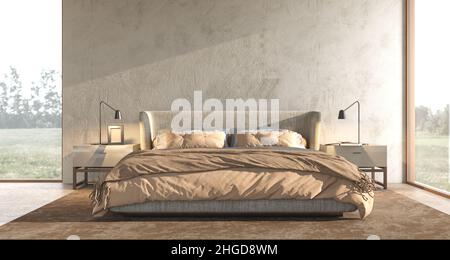 Modern interior scandinavian design. Bedroom japandi style with stucco wall mock up. Panoramic windows and nature view. 3d render illustration. Stock Photo