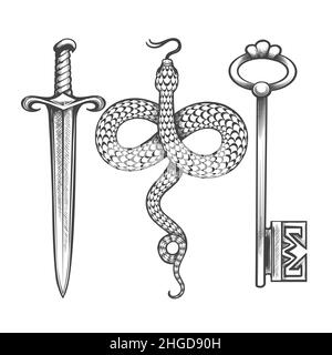 Set of ancient and medieval esoteric occult sword snake key symbols in tattoo style isolated on white. Vector illustration. Stock Vector