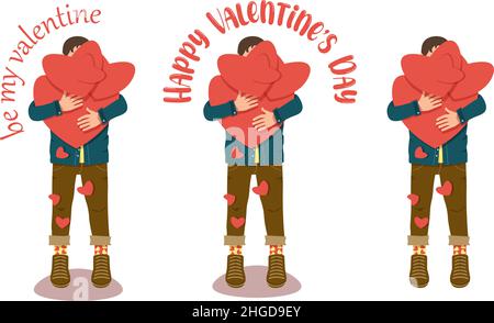 Valentines day greeting card with boyfriend in hipster jeans holding hearts and typography Stock Vector