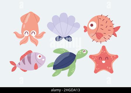 Hand drawn flat design sea animals set Vector illustration. Stock Vector