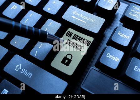 Inspiration showing sign On Demand Service, Word Written on Allows consumers to customize computing capabilities Typewriting Movie Review Article, Typ Stock Photo