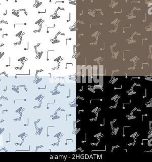 set of seamless patterns with Heavy excavator machine for construction and earthworks. Ornament for decoration and printing on fabric. Design element. Stock Vector