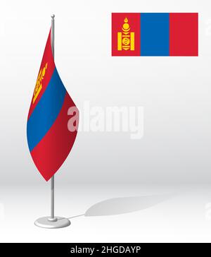 MONGOLIA flag on flagpole for registration of solemn event, meeting foreign guests. National independence day of MONGOLIA. Realistic 3D vector on whit Stock Vector