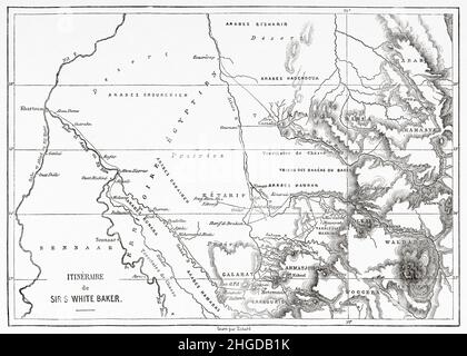 Map with the route made by the British explorer Sir Samuel White Baker ...