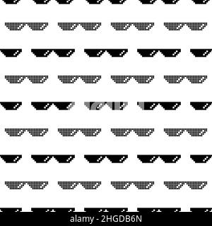 Black Pixel Sunglasses Seamless Pattern Isolated on White Background Stock Vector