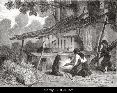 Gypsies preparing food in an oven in the forest at Puszta, great Hungarian plain, Hungary, Europe. Old 19th century engraved illustration from Voyage to the Southern Slavs by Georges Perrot, Le Tour du Monde 1870 Stock Photo