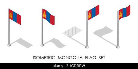 isometric flag of Republic of MONGOLIA in static position and in motion on flagpole. 3d vector Stock Vector
