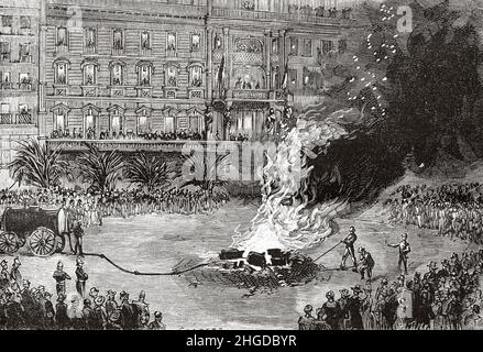 Cholera control. 19th-century illustration of workers using a hosepipe ...