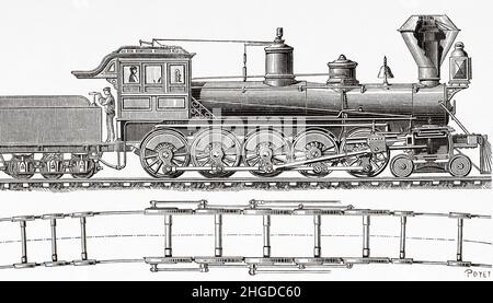 El Gobernador was a 4-10-0 steam locomotive built by Central Pacific Railroad at the railroad's Sacramento, California. USA. Old 19th century engraved illustration from La Nature 1884 Stock Photo