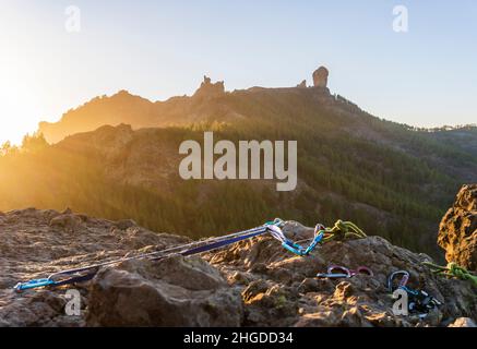 Professional gear for sport rappelling and climbing in beautiful scenery of Roque Nublo mountain, Gran Canaria, Canary Islands,  Spain Stock Photo