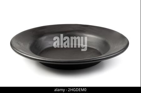 Stylized old black plate isolated on a white background. Side view. Stock Photo